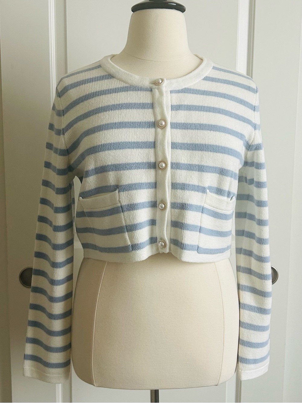 Jessica Simpson Light Blue and White Striped Cropped Cardigan